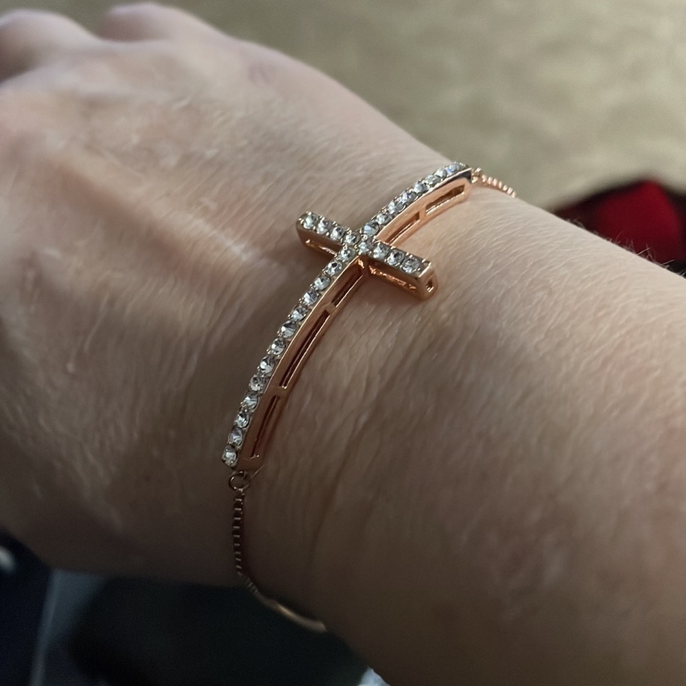 Rose Gold colored CZ cross bracelet by Joan Boyce - Picture 5 of 8